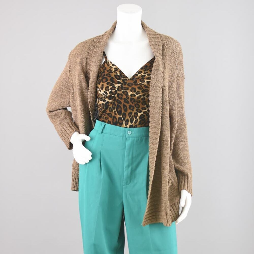 Vintage Brown Crochet Open Front Cardigan with Pockets, Women's Petite XL